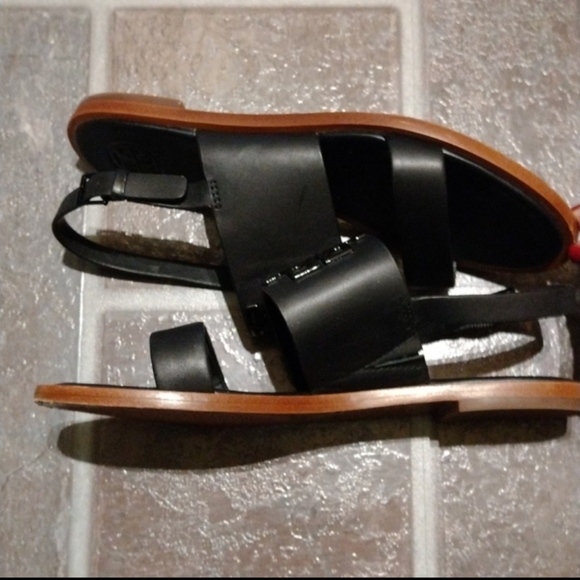 Tory Burch Logo Monogram Black leather slingback stripy sandal size 35 - Picture 4 of 9